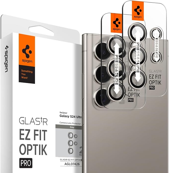 Spigen Camera Lens Protector for Galaxy S24 Ultra - Titanium Gray [2 Pack] | GlasTR EZ Fit Optik Pro, 9H+ Tempered glass, Scratch resistant, Original photo quality, Auto-align tray, Case-friendly by Unknown