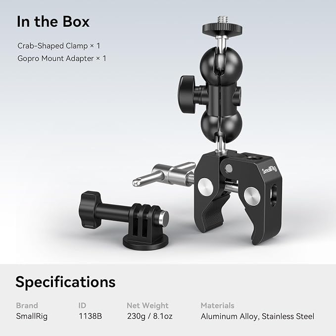 SmallRig Cool Ballhead Arm Super Camera Clamp Mount Double Ball Adapter, Fence Desk Table Mount for Ronin-M for Insta360, for Gopro - 1138 | for Fences/ Desks/ Tripods, for Monitors/ Lights, for Gopro, for Insta360 - Image 7