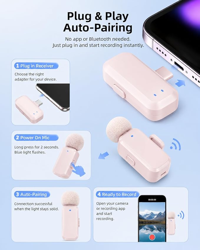 mini 2 Wireless Lavalier Microphones for iPhone 16/17 & Android, AI Noise Cancellation, App Control, 30H Battery with Charging Case, Lapel Microphone Wireless for Video Pink - Image 2