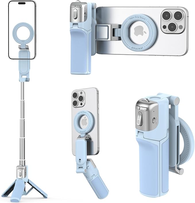 AMAZEAR Phone Camera Grip with Selfie Stick Tripod, Cellphone Accessories with Detachable Wireless Shutter Button for iPhone 16 17 Pro Max, Comfort Ergonomic Phone Handle Holder, Blue by YourProPhotoGear