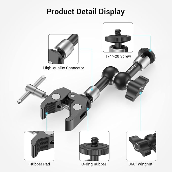 SMALLRIG Super Clamp w/ 1/4" and 3/8" Thread and 5.8 Inches Adjustable Friction Power Articulating Magic Arm with 1/4" Thread Screw for LCD Monitor/LED Lights - KBUM2730 (Pack of 2) - Image 2