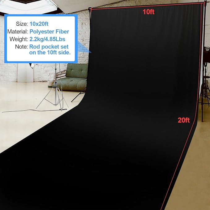 HEMMOTOP Black Photo Backdrop, 10x20ft, Large Photography Background Screen | Polyester Fabric Cloth, Non Reflective, Seamless, Drapes Well, Ideal for Photoshoot, Video Recording, Studio, Party - Image 7
