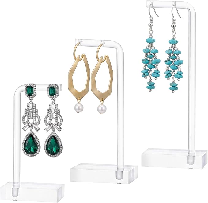 Amabro 3Pcs Clear Acrylic Earring Display Stands Jewelry Holder Stud Hoops | Transparent L-Shaped Earring Organizer Rack Dual Large Holes Hanging Display Holders Studs Tabletop Craft Shows Product Photo by Amabro