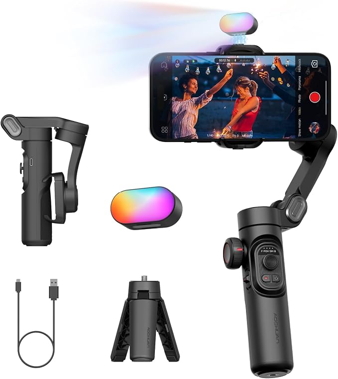 AOCHUAN 3-Axis Gimbal Stabilizer for iPhone Gimbal w/RGB Fill Light-XE Kit | Face Tracking Focus Wheel Foldable Smartphone for iPhone/Android Phone Stabilizer Vlog Recording Smart XE Kit by AOCHUAN