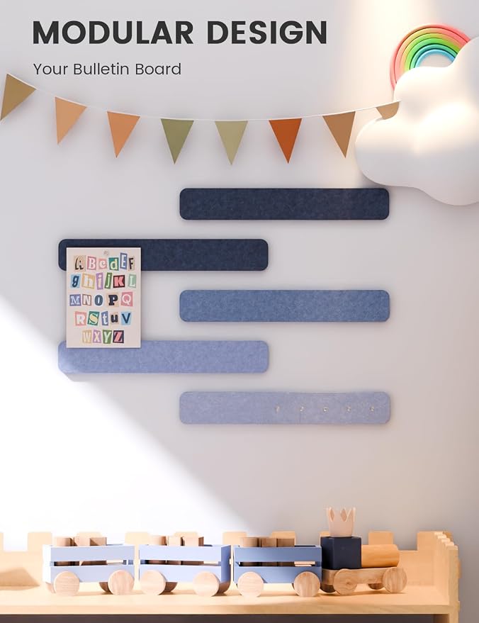 Fluxynara 13" x 2" Felt Wall Panels, Denim Mist | 5-Pack Includes 35 Push Pins and Adhesive Tabs for Photos, Notes and Decor in Bedroom Doors, Home Office or Studios - Image 5