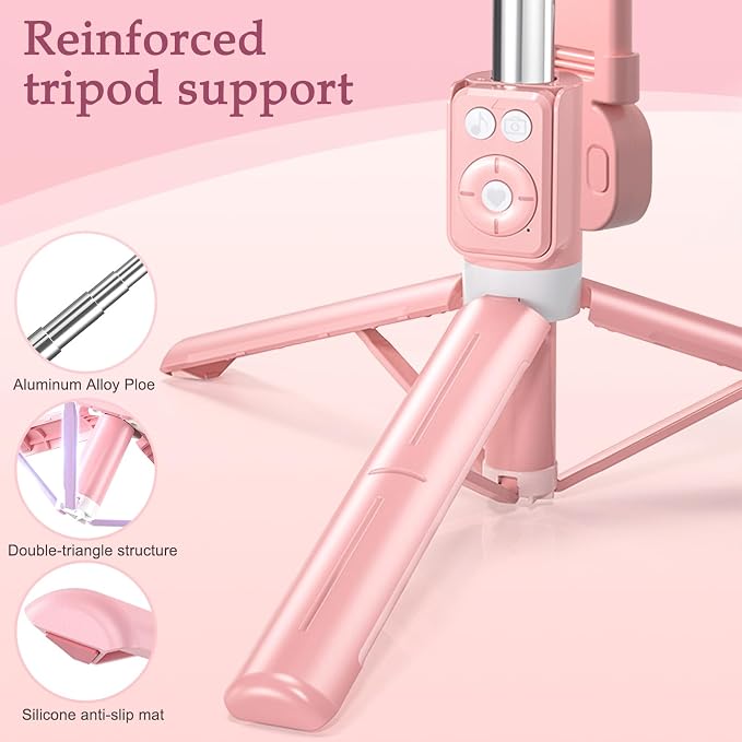 Selfie Stick Tripod with Fill Light, Phone Selfie Stick,Durable Stainless Steel Design,Bluetooth Remote Control,and Stable Three-Legged Support for Live Broadcasts,Video Shooting (Pink) - Image 4