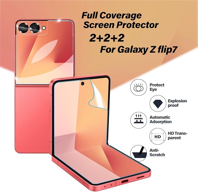 BIGFACE [6 in 1 for Samsung galaxy Z Flip 7/galaxy Flip 8 Screen Protector | 2 pack Film Screen Protector + 2 Pack Tempered Glass Back Screen Protector + 2 Pack Camera Lens Protectors - Image 2