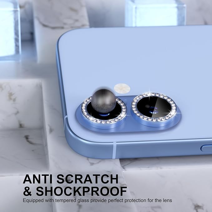 Choiche for iPhone 17 Camera Lens Protector Bling, Diamond-Blue | Ultra HD, 9H Tempered Glass Camera Cover Screen Protector Metal Individual Ring Decoration Accessories, 2-Lens, 6.3-inch - Image 3
