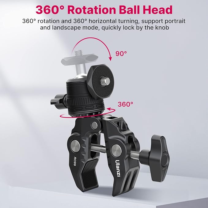ULANZI R099 Super Clamp Camera Mount with 360° Ballhead | Clamps 0.51-2.36in Pole Tube, 3.3lb Load, for Bike Motorcycle Handlebar Insta360 GoPro DJI Phone DSLR Light Monitor - Image 4