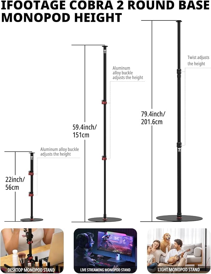 IFOOTAGE 2 Pack Round Base Monopod,15.75"/40cm Diameter,Max.Payload 22lbs/10KG,Aluminium Alloy Stable Structure, Height 30.28"/76.9cm~79.4"/201.6cm,for LED Video Light,2*RB-A400 - Image 8