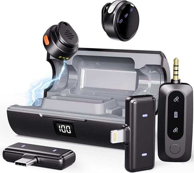 Moman Wireless Lavalier Microphone 3-in-1 Set for iPhone/Android/Camera/Laptop/PC, 48H Video Recording Active Noise Cancellation Lav Mic, Mini Clip/Magnetic Microphones for Lightning/USB-C/3.5mm by Moman