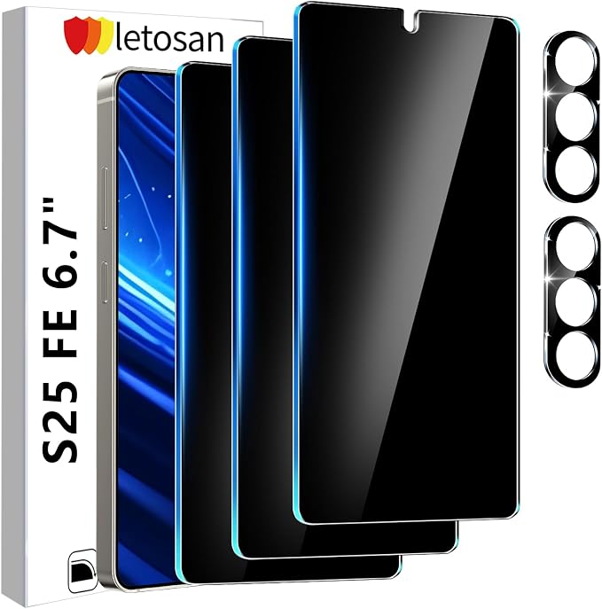 letosan 3 Pack Privacy Screen Protector for Samsung Galaxy S25 FE Tempered Glass + 2 Pack Camera Lens Protector, True 25°Anti Spy, 9H+ Hardness, Fingerprint Unlock, Case Friendly Bubble-Free 6.7Inch by letosan