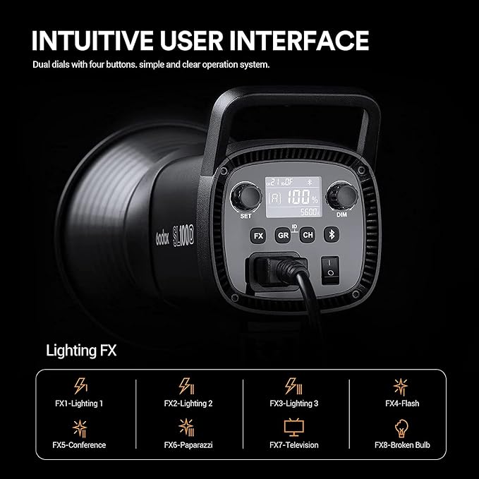 Godox SL100D LED Video Light,100W TLCI≥97 CRI≥96,5600K Continuous Lighting, 8 FX Lighting Effects, 32100Lux @1M Bowens Mount COB LED Continuous Light for Video Shooting,Content Creating,Photography - Image 5