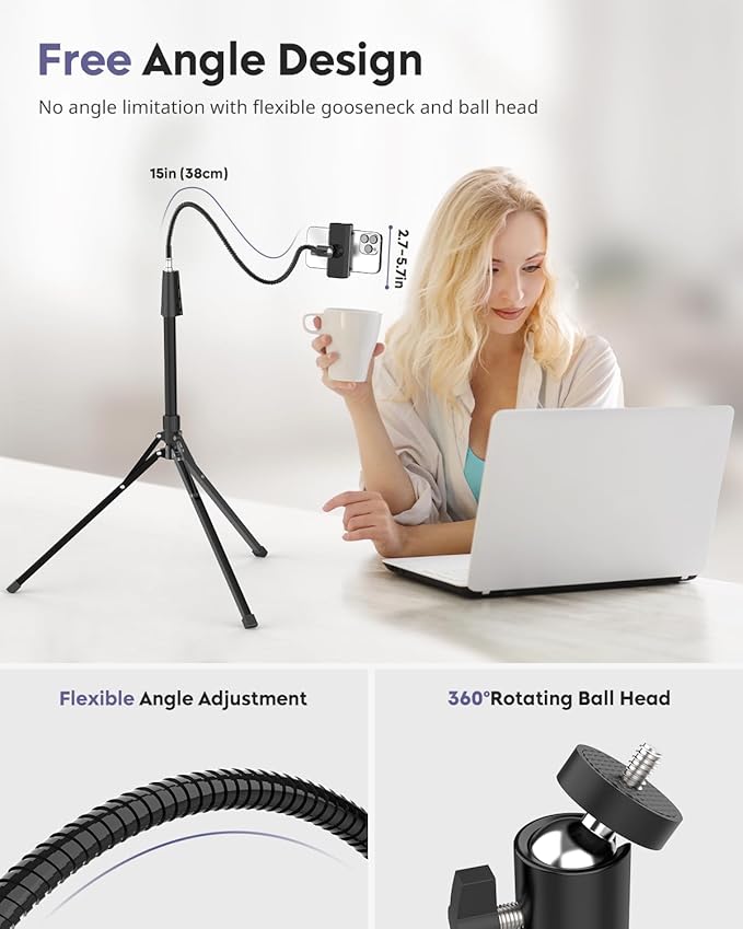 Aureday Phone Tripod, 92" Cell Phone Stand with 15" Gooseneck, Remote and Phone Holder, Overhead & Selfie Stick for Recording/Watching/Vlog, Compatible with iPhone Android (Pack of 2) - Image 2