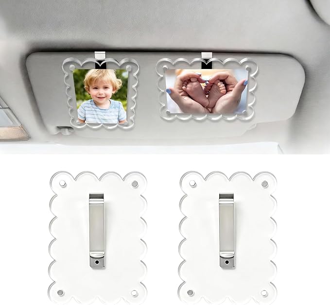 2 Pack Magnetic Car Visor Photo Holder, 2.36 x 3.54 inch Scalloped Clear Acrylic Car Picture Frame Clip for Sun Visor, Personalized Vehicle Photo Display for Family, Pets by Unknown