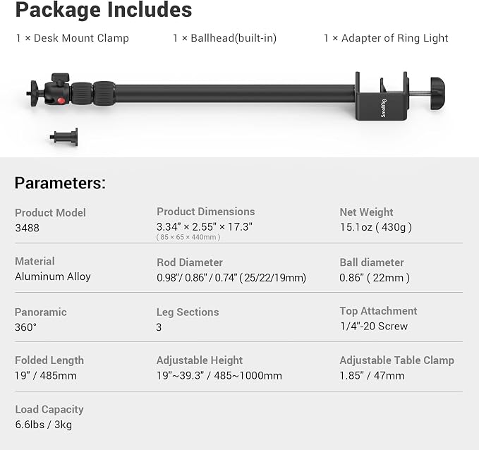 SMALLRIG Camera Mount C Stand, 15"-35" Adjustable Desk Clamp Table Tripod | Tabletop C Clamp Light Stand for Webcam, DSLR Camera, Ring Light, Live Streaming, Photo Video Shooting - Image 8