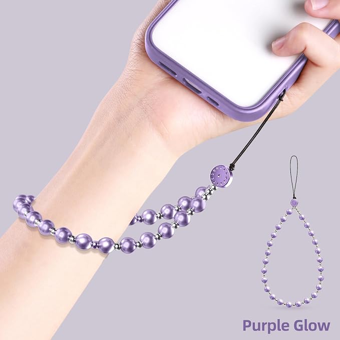 2 Pcs Phone Charm Beaded Strap Cute Cell Phone Wrist Straps String Accessories Hand Aesthetic Lanyard Wristlet Chain for iPhone 17 Pro 16 Camera AirPods Bags Keychains Women Girls Pearl Gold and Puple - Image 8