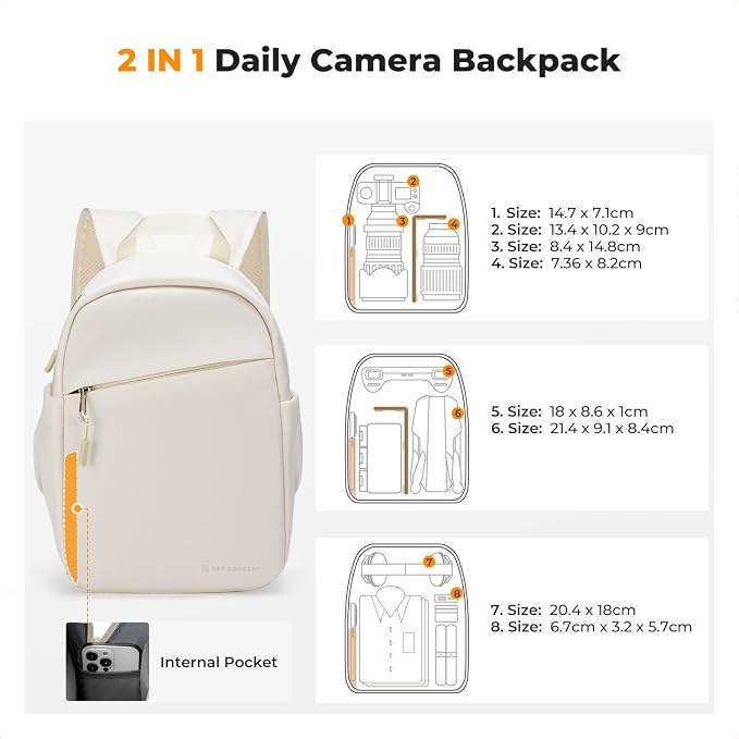 K&F CONCEPT Camera Backpack, Lightweight Compact Camera Bag 5L | Water-Resistant, Dividers, 9.7in Tablet Compartment, Quick Access, Street & Urban, Men & Women, for Canon/Nikon/Sony, Beige - Image 4