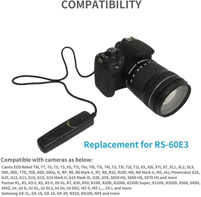 Remote Shutter Release Cable, Wired Remote Switch Cord Replacement RS-60E3 for Canon Rebel T7 T7i T6 T6i T6S T5 T5i T4i T3 T3i T2 60D 70D 77D 80D G16 G15 G12 G11 G10 G1X G1X Mark II G1X Mark III | for Canon Rebel T7 T7i T6 T6i T6S T5 T5i T4i T3 T3i T2 ... - Image 3