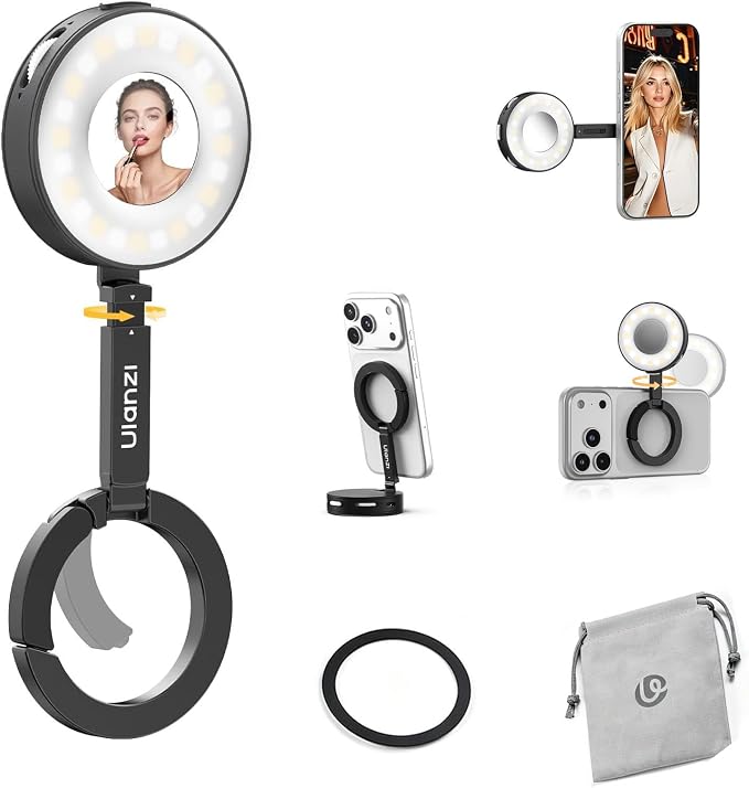 Ulanzi ML05 Magnetic Selfie Light, Mini Phone Light for iPhone Magsafe | 2500K-9000K Bi-color, Mirror & Phone Stand & Fill Lighting 3 in 1, For Selfies/TikTok/Zoom Call/Video Conference/YouTube by ulanzi