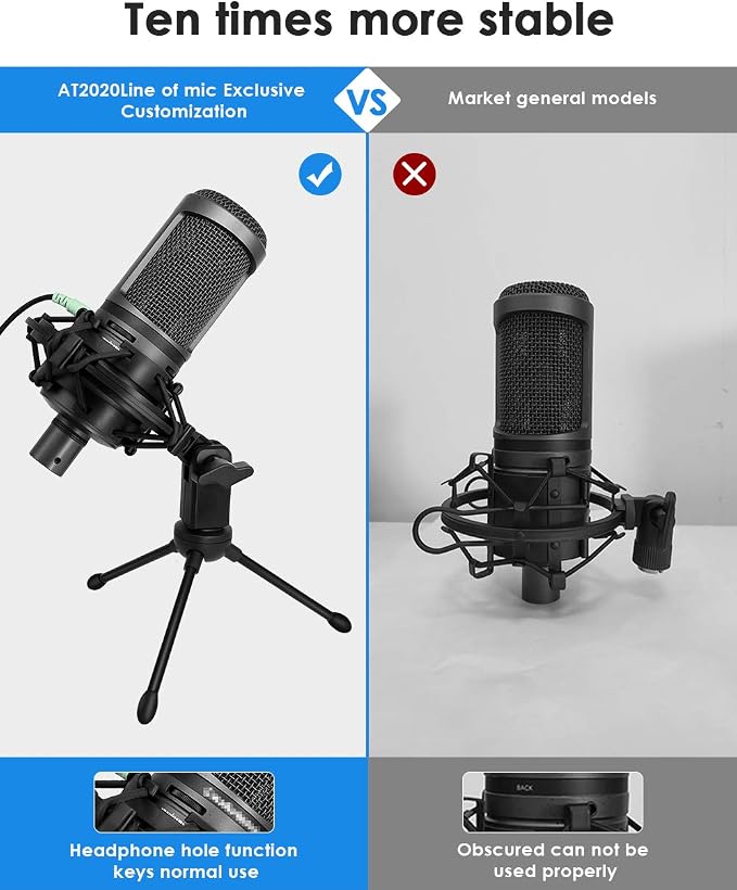 AT2020 Microphone Shock Mount with Pop Filter, Custom Built for AT2020 Mic | Pop Filter & Anti-Vibration Suspension, Holder Clip, Fits Audio technica AT2020USB+/AT2035/ATR2050/AT3035/AT3060 for Studio - Image 3