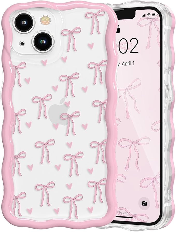 QLTYPRI for iPhone 15 Pink Bow Case, Clear Cute Pink Ribbon Bow Phone Case Curly Wavy Aesthetic Phone Cover, Soft Slim Transparent TPU Shockproof Protective Cover for Women Girls - Love Bow by QLTYPRI