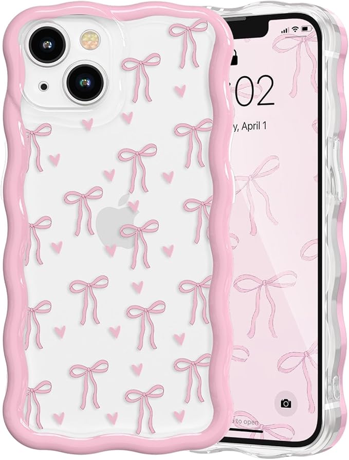 QLTYPRI for iPhone 14 Plus/15 Plus Pink Bow Case, Clear Cute Pink Ribbon Bow Phone Case Curly Wavy Aesthetic Phone Cover, Soft Slim Transparent TPU Shockproof Protective Cover for Women Girls-Love Bow by QLTYPRI