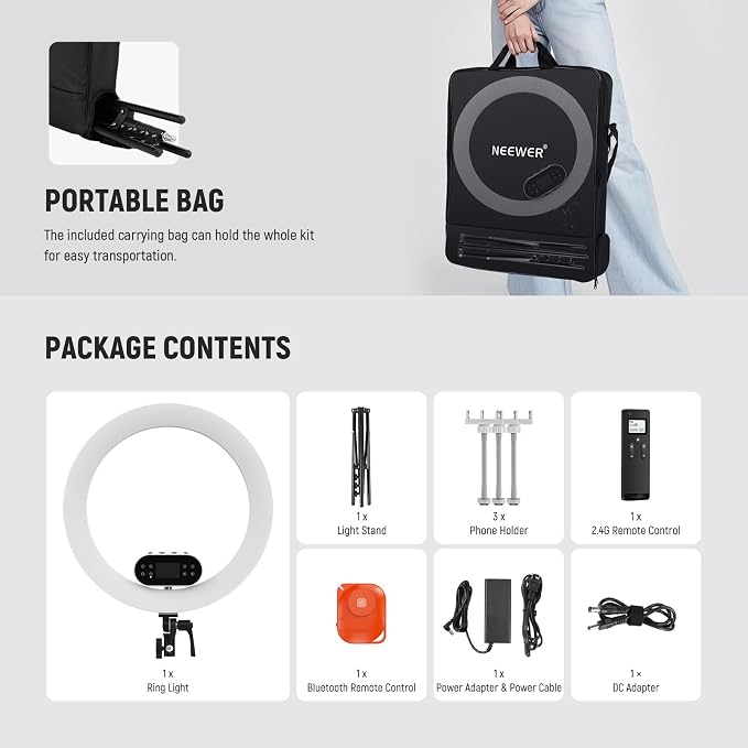 NEEWER 19" 100W High Power LED Ring Light with Tripod Stand & 3 Phone Holders Compatible with iPhone, 2900-7000K CRI97+ App&2.4G Control Lighting for Selfie Video Recording Makeup Streaming, RH100B | 100W 19-inch LED ring light with 2900K-7000K CCT and... - Image 9
