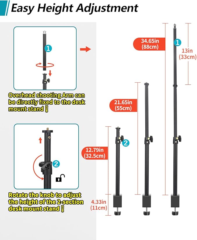 Overhead Camera Mount Desk Stand, Camera Arm Desk Mount Clamp Stand with 360°Adjustable Magic Arm, Webcam Arm Mount Stand w Ballhead Phone Mount for Desk Logitech Microphone Video Light Cell Phone - Image 5