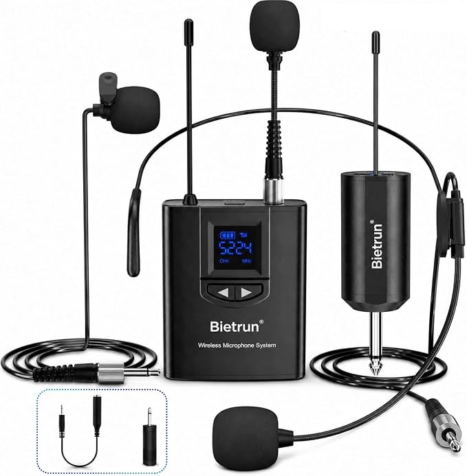 Bietrun UHF Wireless Lavalier Lapel Microphone System/Headset Mic/Stand Mic, 165ft Range, Rechargeable Transmitter Receiver, 1/4" Output, for iPhone,Android,PA Speaker,DSLR Camera,YouTube, Recording by Bietrun
