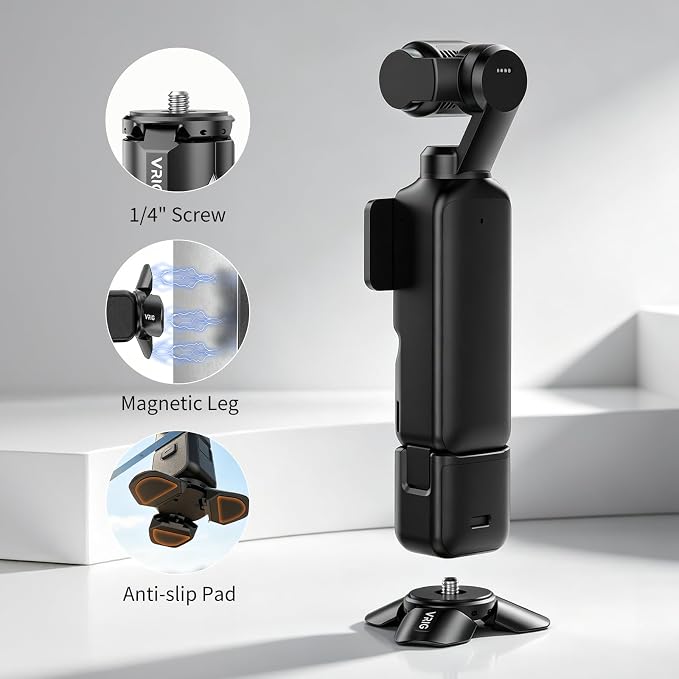 VRIG Magnetic Mini Tripod for DJI OSMO Pocket 4P/4/3 & Insta360 Luna Ultra | Auto-Deploy Aluminum Small Desktop Camera Stand with 1/4" Screw for Insta360 X6/X5/X4,Travel Vlog Action Camera Accessories - Image 3