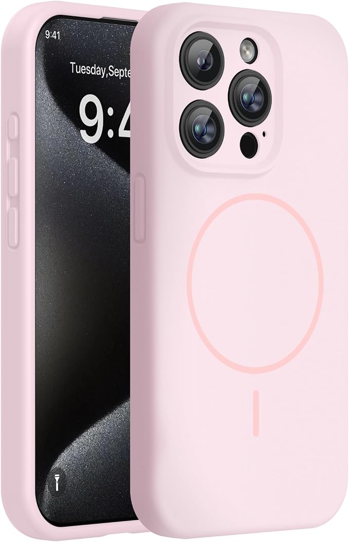 miracase Magnetic for iPhone 15 Pro Max Case, [Soft Anti-Scratch Microfiber Lining], Compatible with MagSafe, Liquid Silicone Case Shockproof Drop Protection Phone Case for 15 ProMax, Sand Pink by Miracase