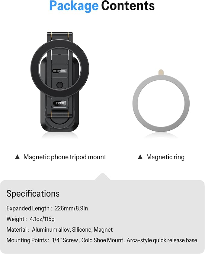 OMOTON Magnetic Phone Mount for Tripod Camera with Arca Base Cold Shoe 1/4" | Aluminum 360° Adjustable, Detachable Base with Magnet for Steel Surface for Gym Golf Cart Video Recording, for iPhone Android - Image 8