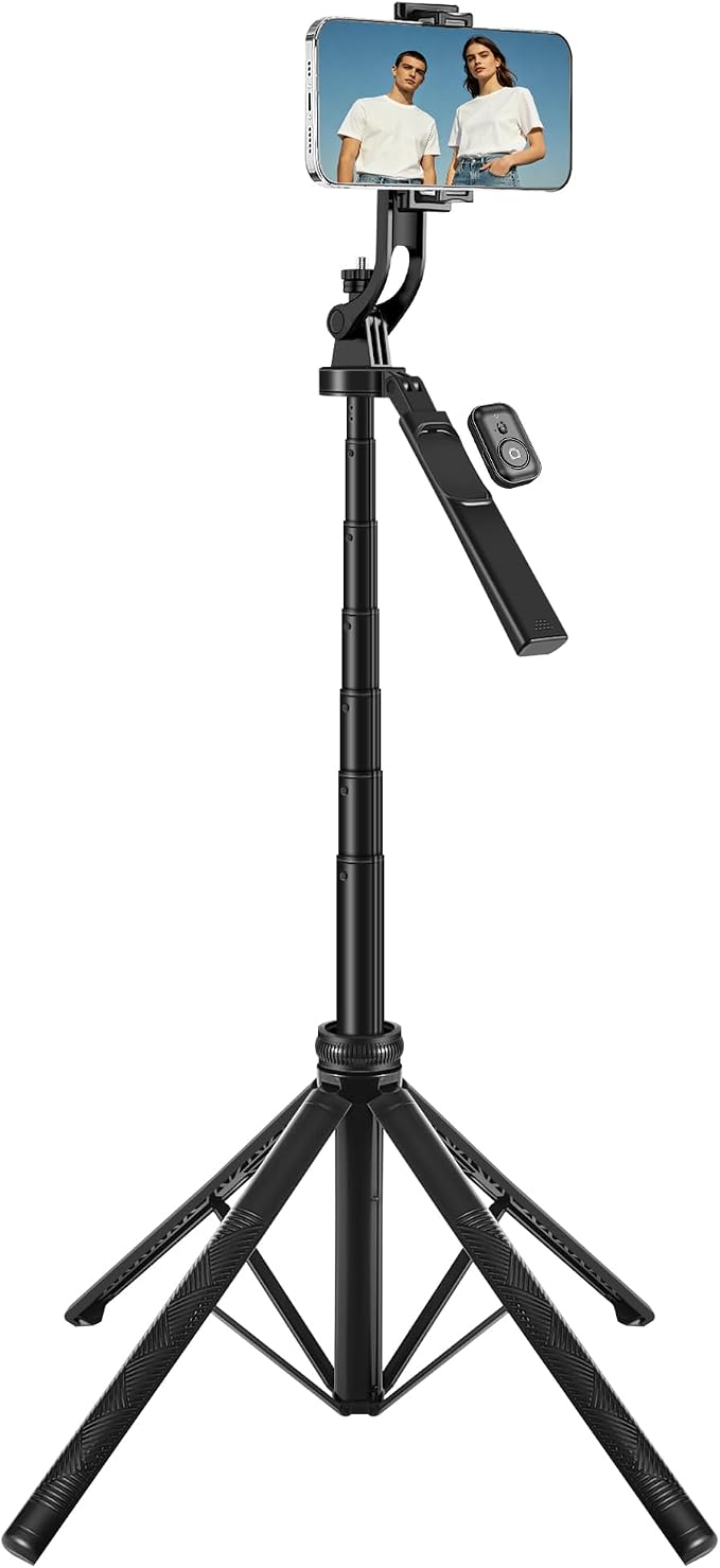 4-Leg Phone Tripod, 71-inch Selfie Stick for iPhone & Android | Anti-Slip Quadrapod Base, Snap-Release Phone Holder, Aluminum Alloy Pole for Durability, Secondary Handle Grip for Stability by Unknown