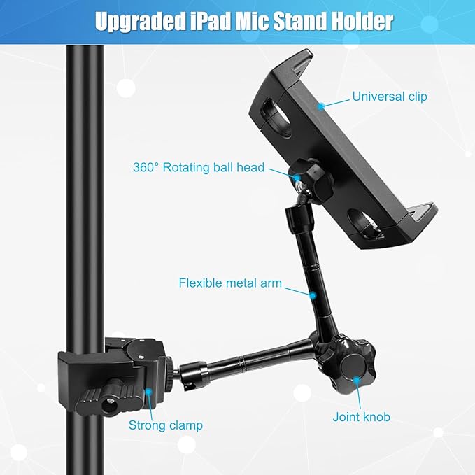 JCWINY Tablet Holder for Mic Stand, Adjustable iPad Mic Stand Mount, Tablet Holder with Clamp Mount for Pole Desk Kitchen Cabinet, Compatible with 4.7 to 12.9" iPad, iPhone, Android Smartphones - Image 3
