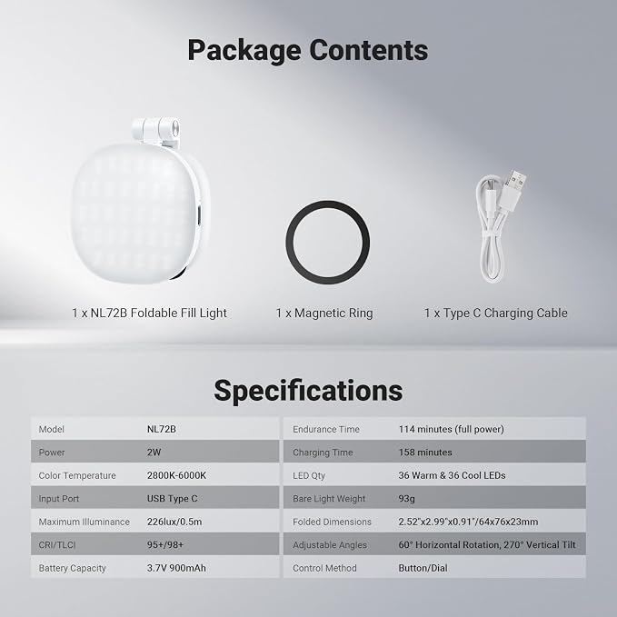 NEEWER Basics Magnetic Selfie Light Compatible with MagSafe iPhone, 2W Bi Color Small LED Phone Fill Ring Lighting CRI95+ with 360° Swivel, Mirror for Makeup Video Conference Recording, NL72B White - Image 9