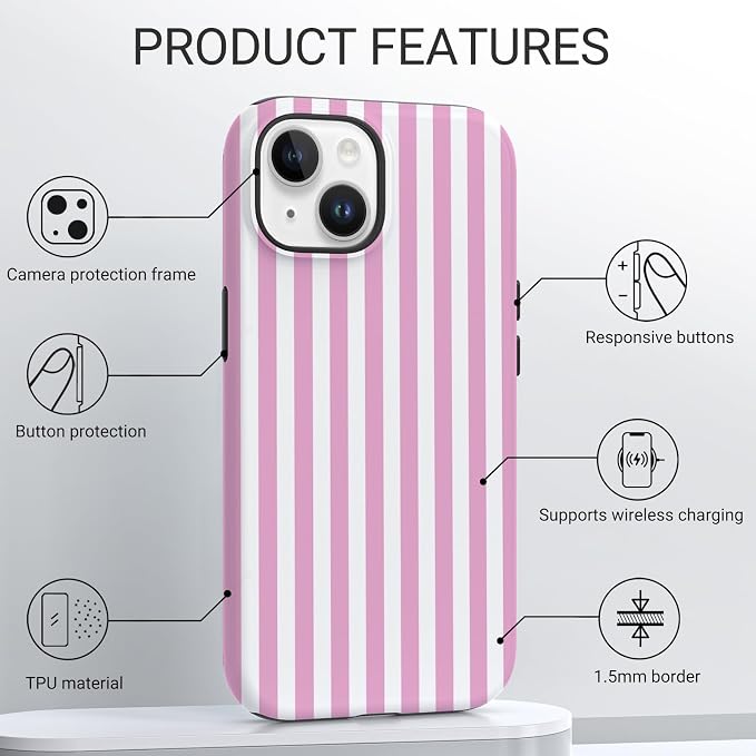 TPU Phone Case for iPhone 13, MagSafe Wireless Charging Compatible, Shockproof Slim Fit Protective Cover with Anti-Yellowing & Raised Camera Protection (Pink Stripe, iPhone 13) - Image 4