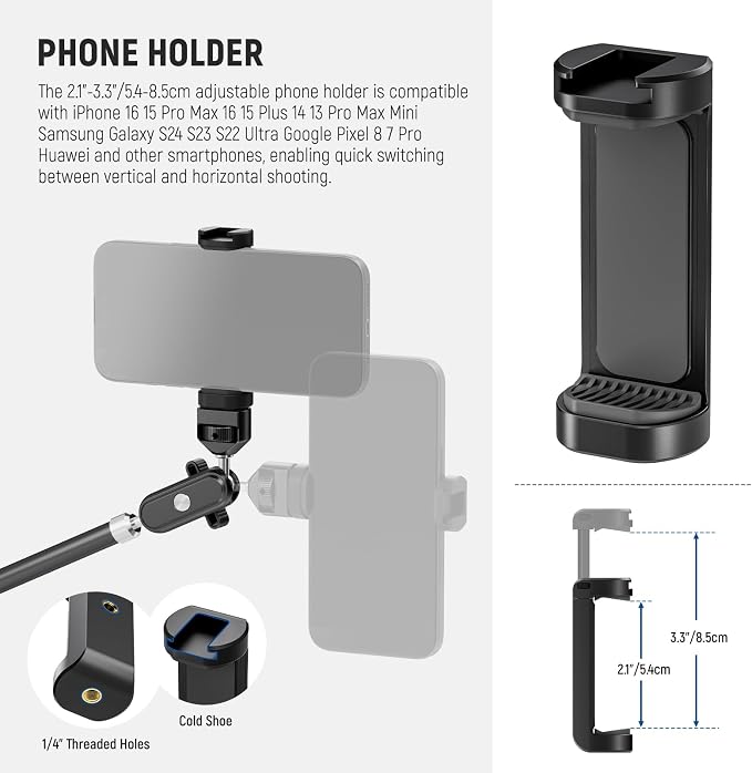 NEEWER 30" Articulating Magic Arm with Desk Super Clamp/Action Cam Mount/Phone Holder, Overhead Camera Mic Boom Stand, Compatible with GoPro iPhone DSLR Webcam Microphone Video Recording, UA056 - Image 7