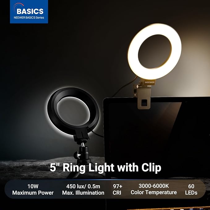 NEEWER Basic 5" Ring Light for Video Conference Lighting, Clip on Light Kit with Desk Tripod Stand for Monitor Laptop Computer Zoom Call Live Streaming Remote Working Learning Video Recording, BR60 - Image 2