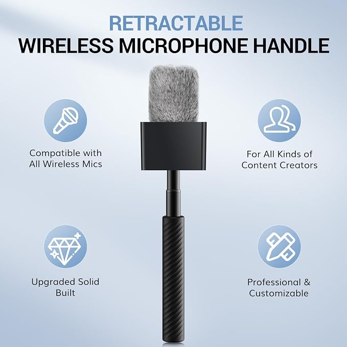 TONOR Wireless Mic Handle Compatible with DJI, RODE, Hollyland, Adjustable length Microphone Stand for ALL Lavalier Mic, Channel Flag Box, Rubber Grip, Wind Muff for Vlog, Reports, Interview, TP40 - Image 7