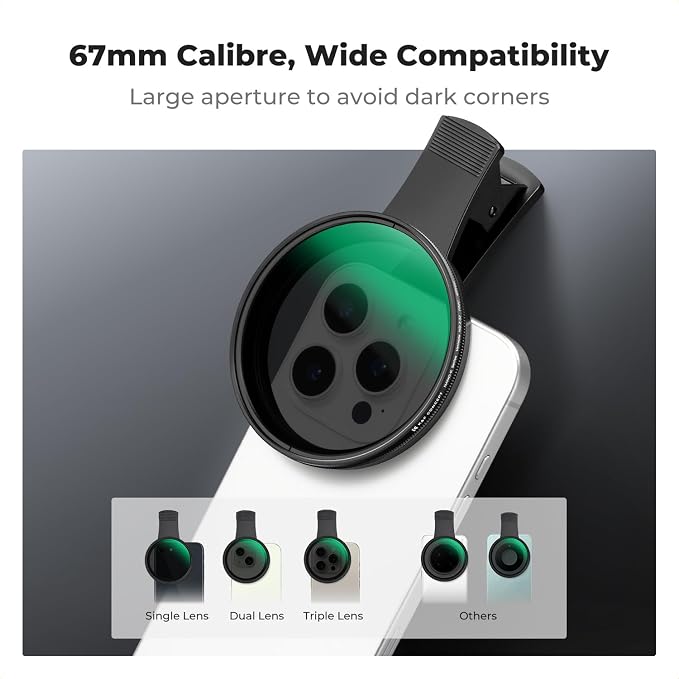 K&F CONCEPT 67mm Clip-on ND2-32 Phone Camera Lens Filter Kit | Multi-Coated Variable Neutral Density Light Reduction Filter Compatible with iPhone 16 15 14 13 12 11, FP101 - Image 2