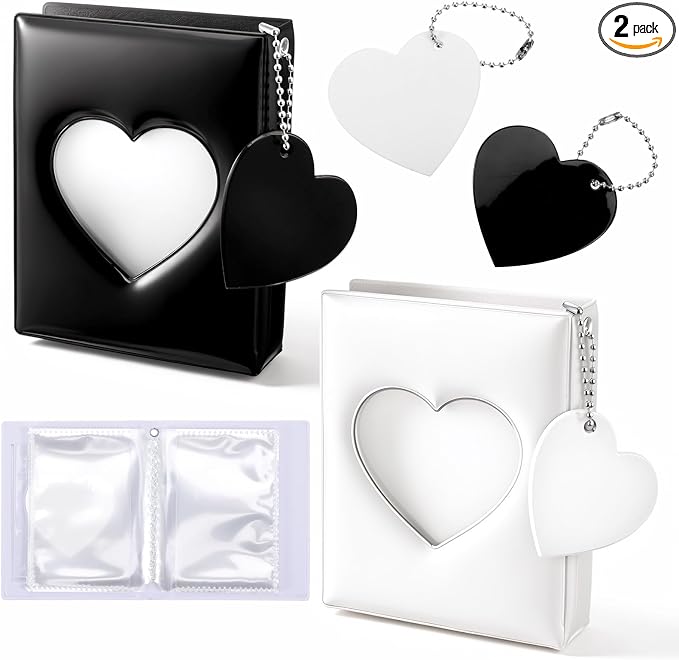 2 Pack Mini Photocard Binder 3 Inch Photo Card Binder Book with 32 Pockets, Mirror-Like Binders Photo Card Holder with Pendant and Stickers Heart Hollow Design by Unknown