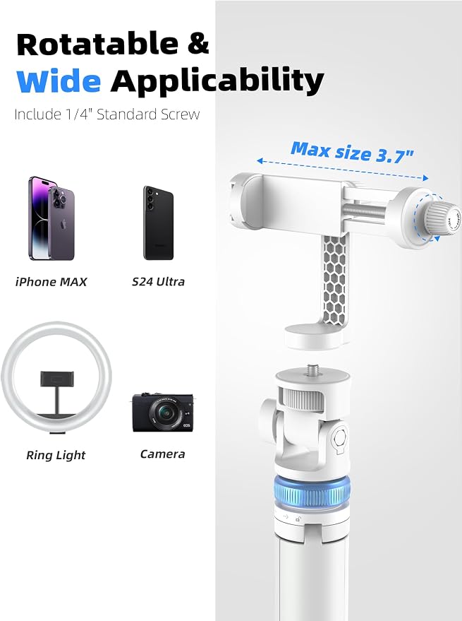 Kaiess 62" Phone Tripod & Selfie Stick, Extendable Photography Light Stand with Wireless Remote, Solidest, Portable, Lightweight, Compatible with iPhone/Android Phone (White) - Image 5