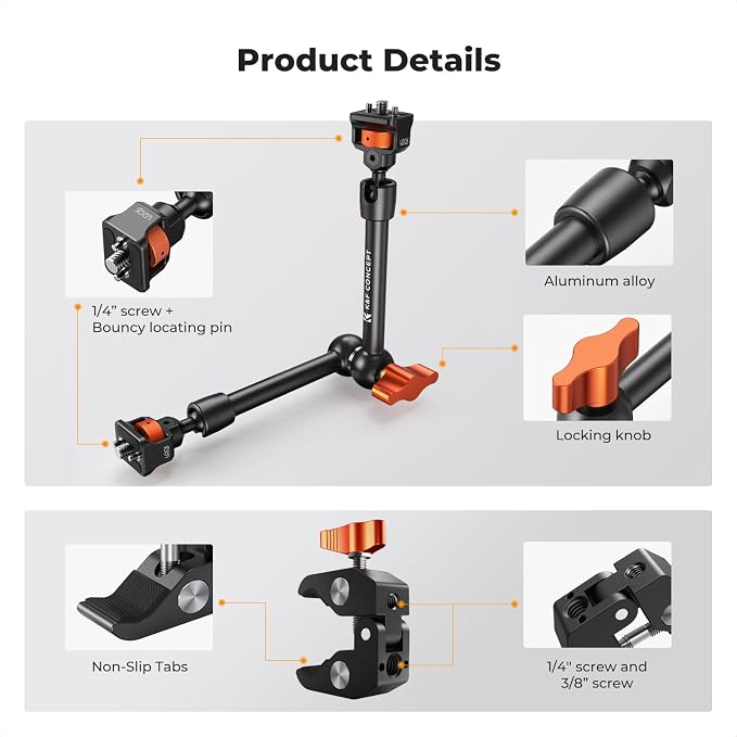 K&F CONCEPT 11" Magic Arm Clamp with ARRI 1/4" & 3/8" Thread Screw | 360° Ball Heads Articulating Arm Camera Adapter for DSLR, Monitor, LED Light, Microphone, Camera Cage, Action Camera, MS33 - Image 2