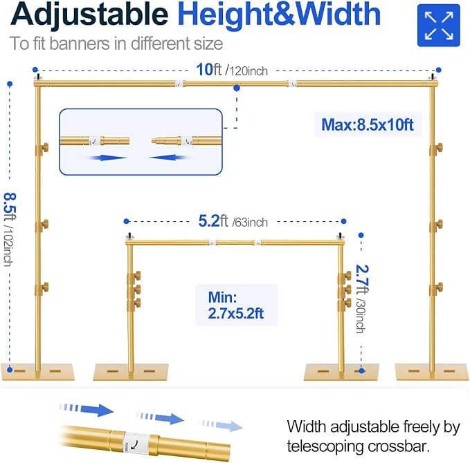 EMART Backdrop Stand Heavy Duty 8.5x10ft Adjustable Pipe and Drape Stand | Gold Photo Backdrop Stand for Party Photography Wedding Birthdy Dispaly Festival Decorations Balloon Exhibition Photo Booth - Image 2