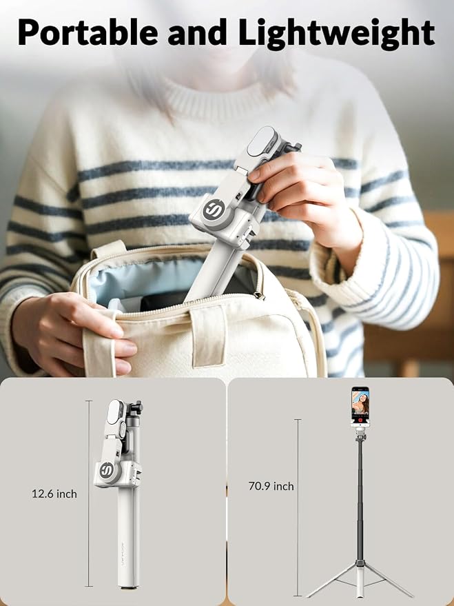 AOCHUAN M3Pro 4-in-1 Phone Gimbal Stabilizer for iPhone, AI Tracking | No App Face Tracking, Built-in Auto-open Tripod, 70.9" Extension Rod, RGB Light, Magnetic Remote, TikTok, Vlog, White - Image 7