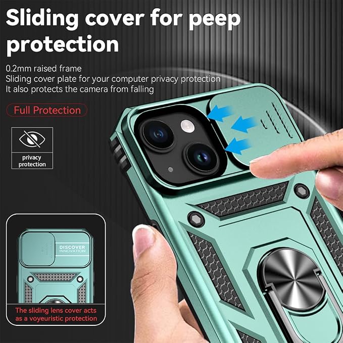 HNHYGETE for iPhone 15 Case with HD Screen Protector: [Military Grade 20ft. Drop Tested] Ring Shockproof Protective Phone Case for - iPhone 15 Dark Green - Image 4