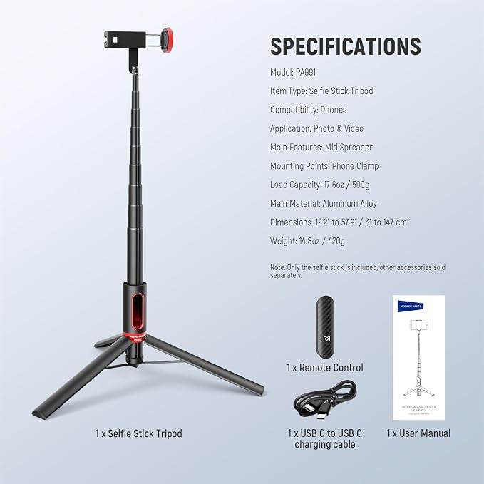 NEEWER Basics PA991 Selfie Stick Tripod Compatible with iPhone Samsung Android, 57.9 Inch Metal Portable Lightweight Travel Mobile Phone Stand with Holder & Remote Control for Video Recording - Image 8