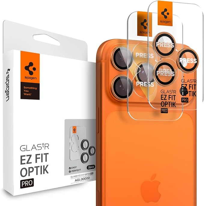 Spigen Camera Lens Protector for iPhone 17 Pro Max / 17 Pro - Orange | GlasTR EZ Fit Optik Pro, 9H+ Tempered glass, Scratch resistant, Auto-align tray, Original photo quality, Case-friendly, 2Pack by Unknown