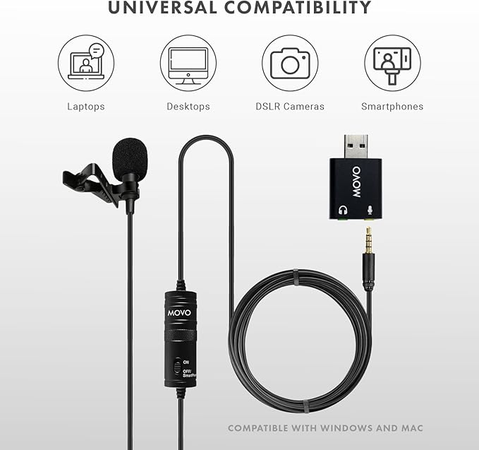 Movo LV1-USB Lavalier Microphone for Camera, Lapel for iPhone and Android Smartphones, Body Lav Mic, Clip On Microphone for 3.5mm, Shirt Lapel Mic for Phone, GoPro, Interview, Computer, PC - Image 3